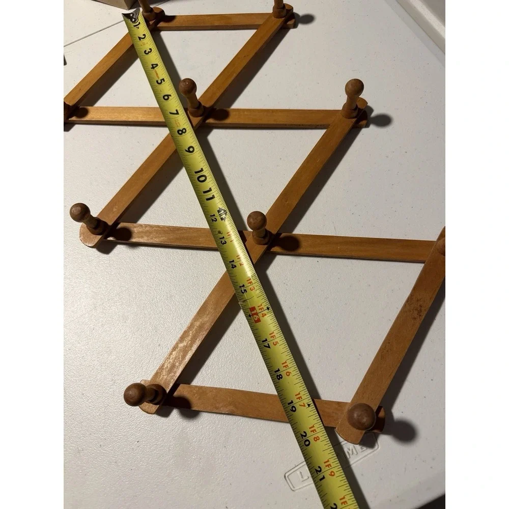 Vintage MCM Wood Rack Expandable Wooden Accordion 10 Peg Wall Cottagecore Coat